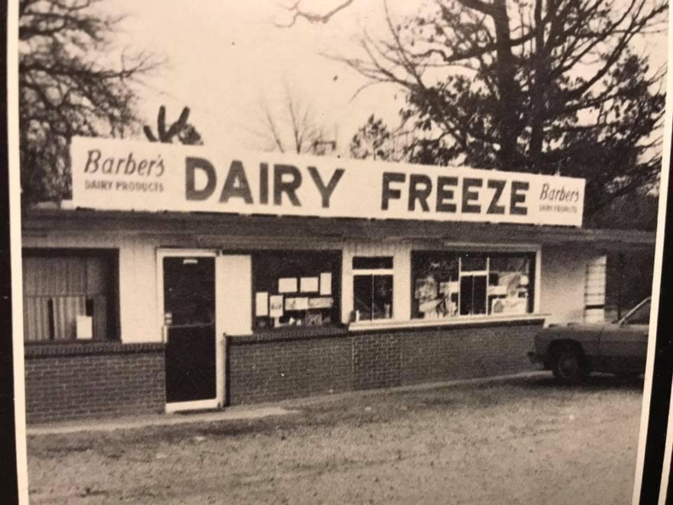Earlier Dairy Freeze storefront with Barber’s Dairy Products signs