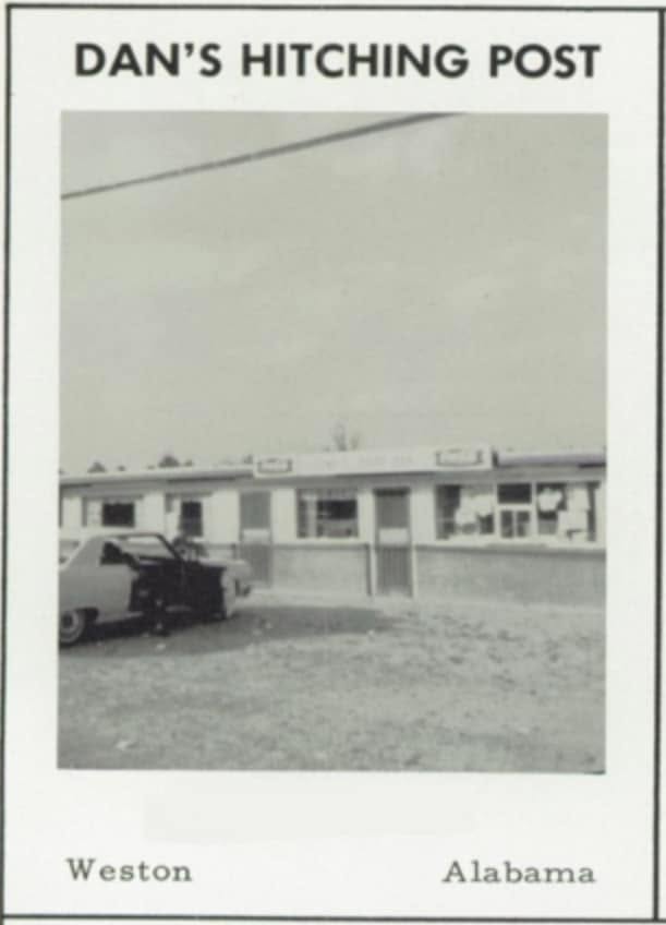 Printed archival image labeled Dan’s Hitching Post, Weston, Alabama