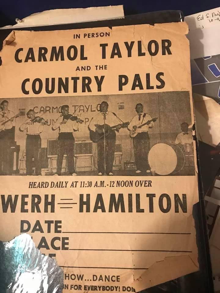 Archival poster announcing Carmol Taylor and the Country Pals over WERH