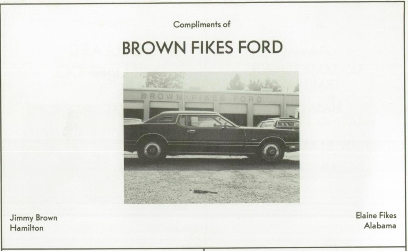 Brown Fikes Ford dealership behind a parked car; printed page names Jimmy Brown and Elaine Fikes